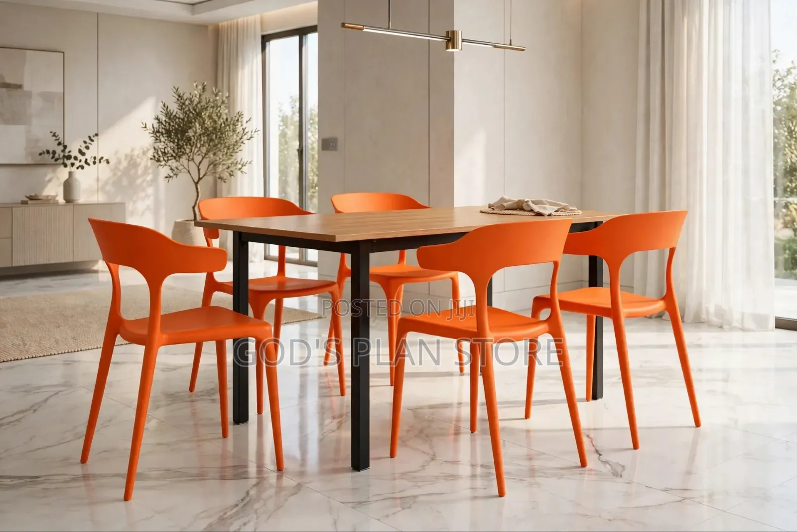 Dining Wooden Foldable Table and C-Backed Plastic Chairs 6 People