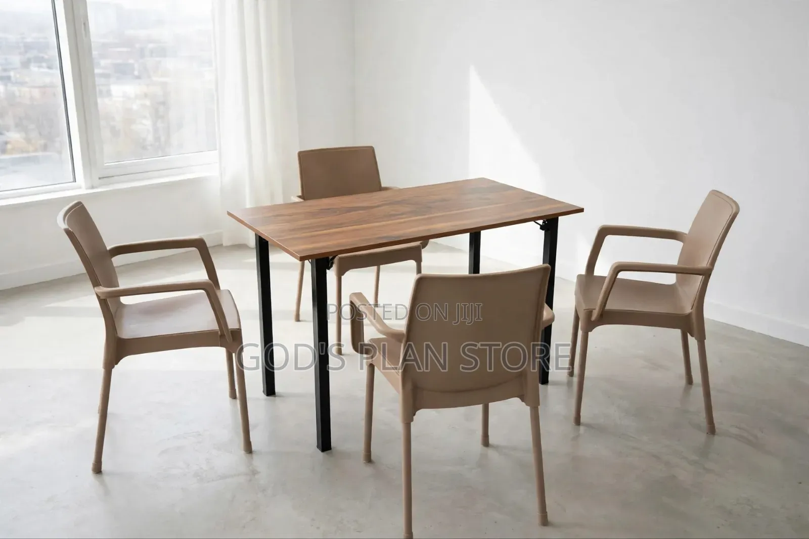 4people Dining Wooden Table and Metal Stand Plastic Chairs Set