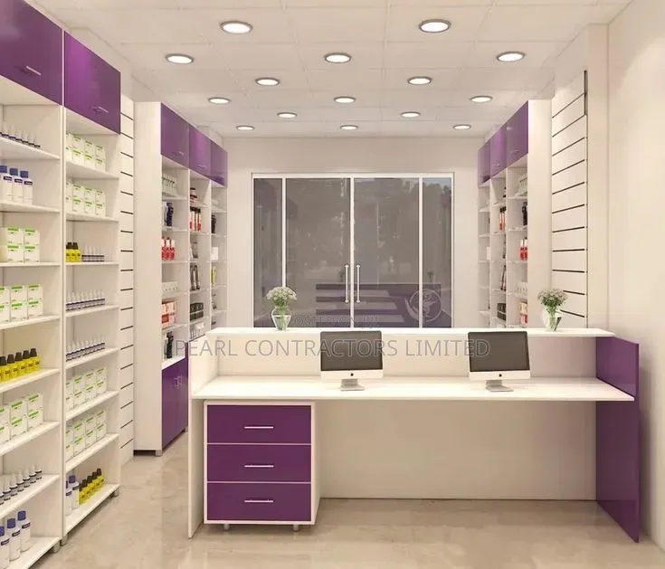 Pharmacy Shop Set-Up, Partition and Display Counters With Glass Shelve