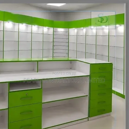 Pharmacy Shop Set-Up, Partition and Display Counters With Glass Shelve