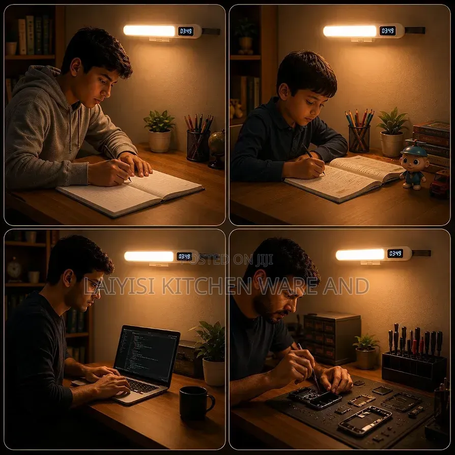 Rechargeable LED Desk Lamp With Digital Clock, Adjustable Magnetic