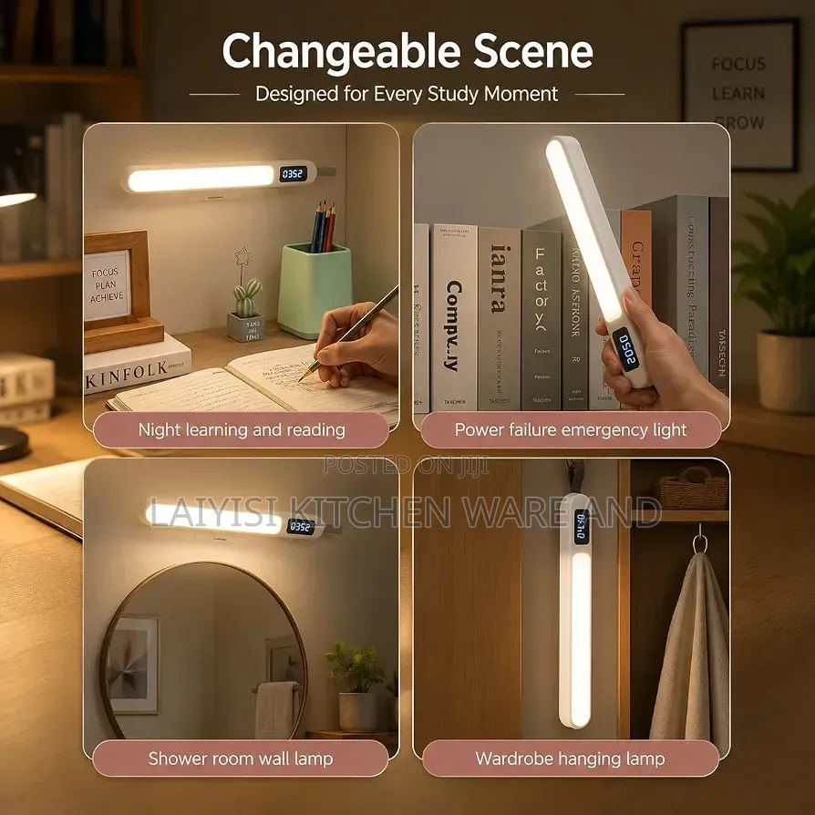 Rechargeable LED Desk Lamp With Digital Clock, Adjustable Magnetic
