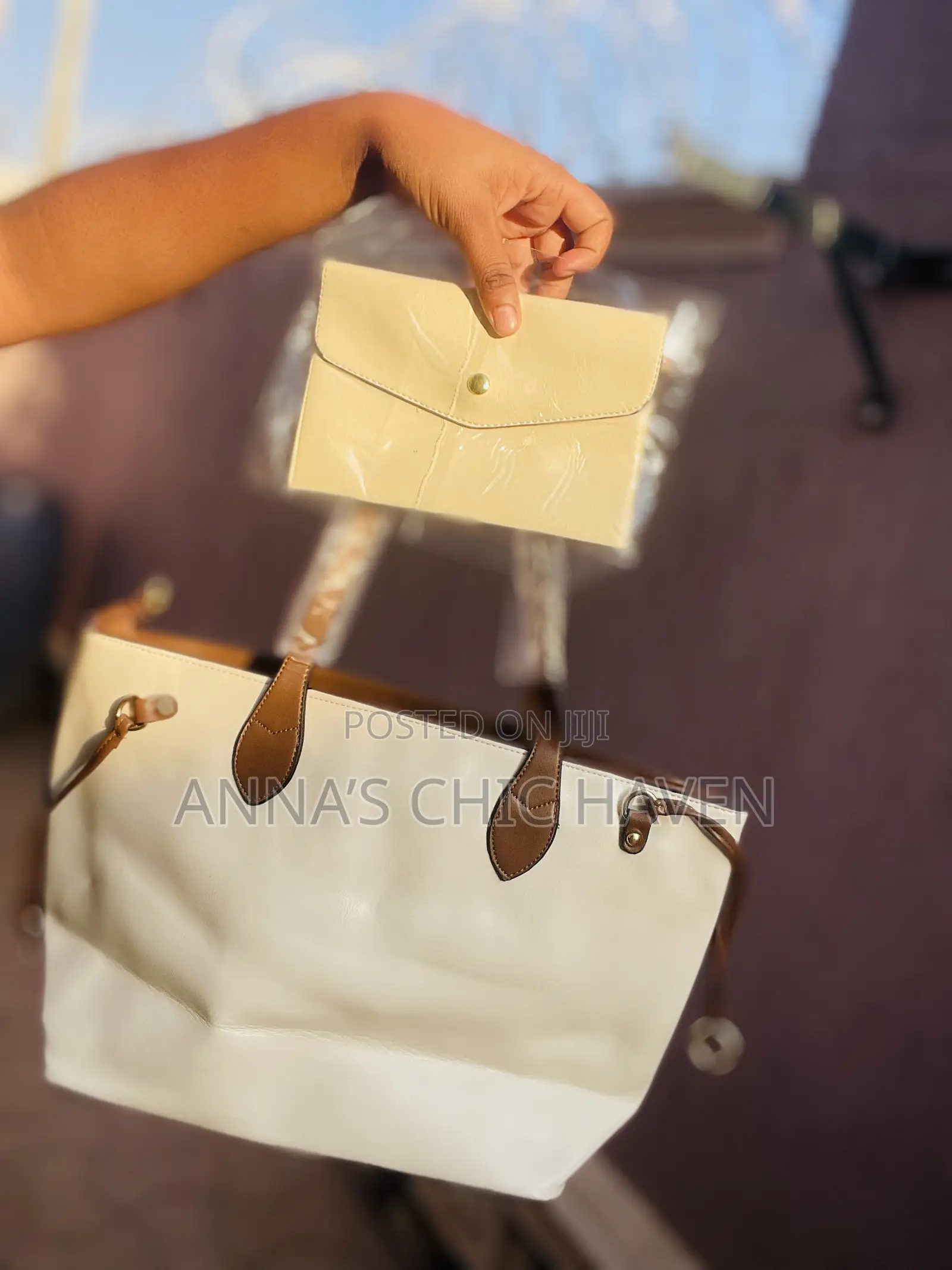 White Leather Tote and Hand Bag