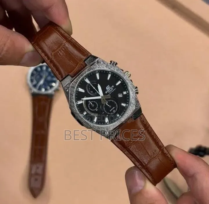 Black Dial Watch With Brown Textured Strap
