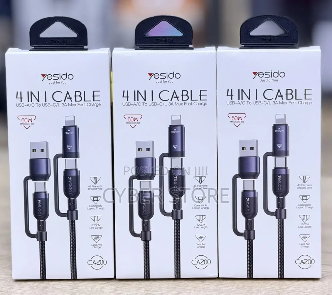 4-in-1 Fast Charging and Data Cable (1.2 Meters, Up to 60W Max Output)