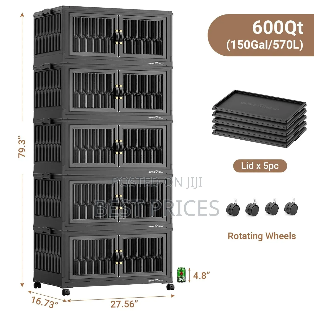 5-Tier Stackable Storage Cabinet With Wheels – Black