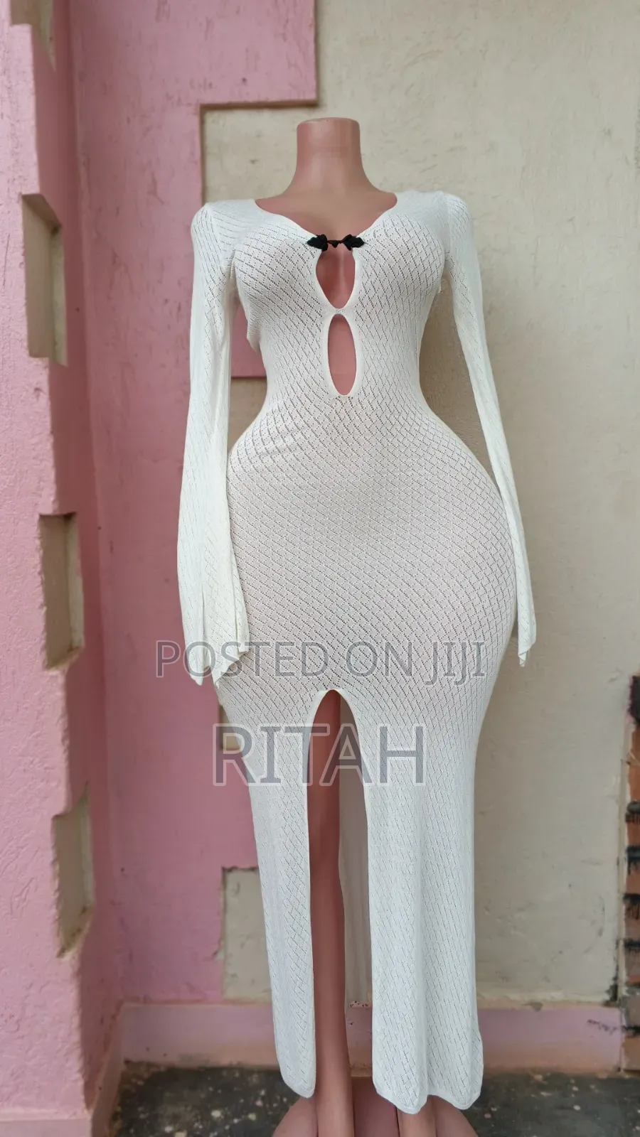 Elegant White Long-Sleeve Cut-Out Maxi Dress