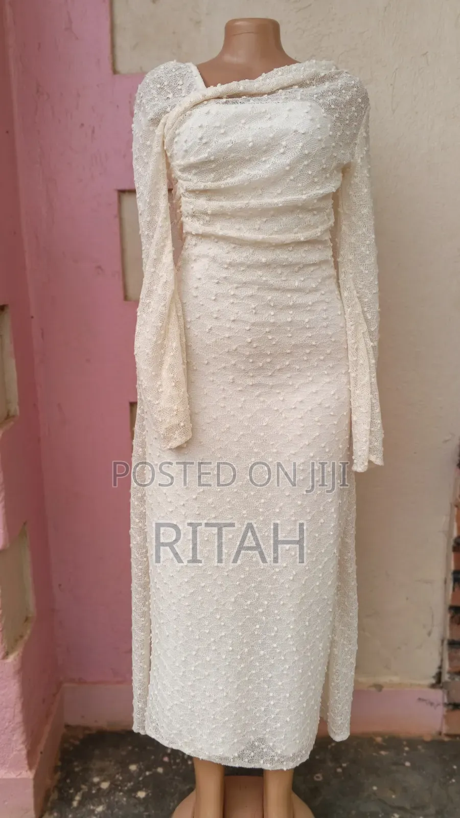Elegant Cream Lace Midi Dress With Long Sleeves