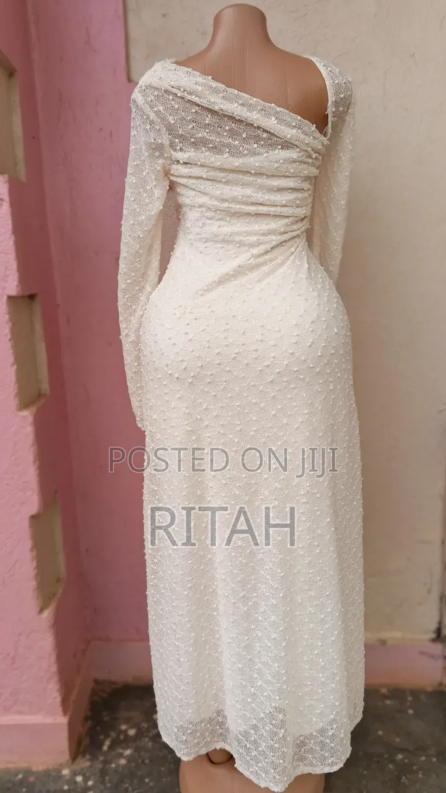 Elegant Cream Lace Midi Dress With Long Sleeves