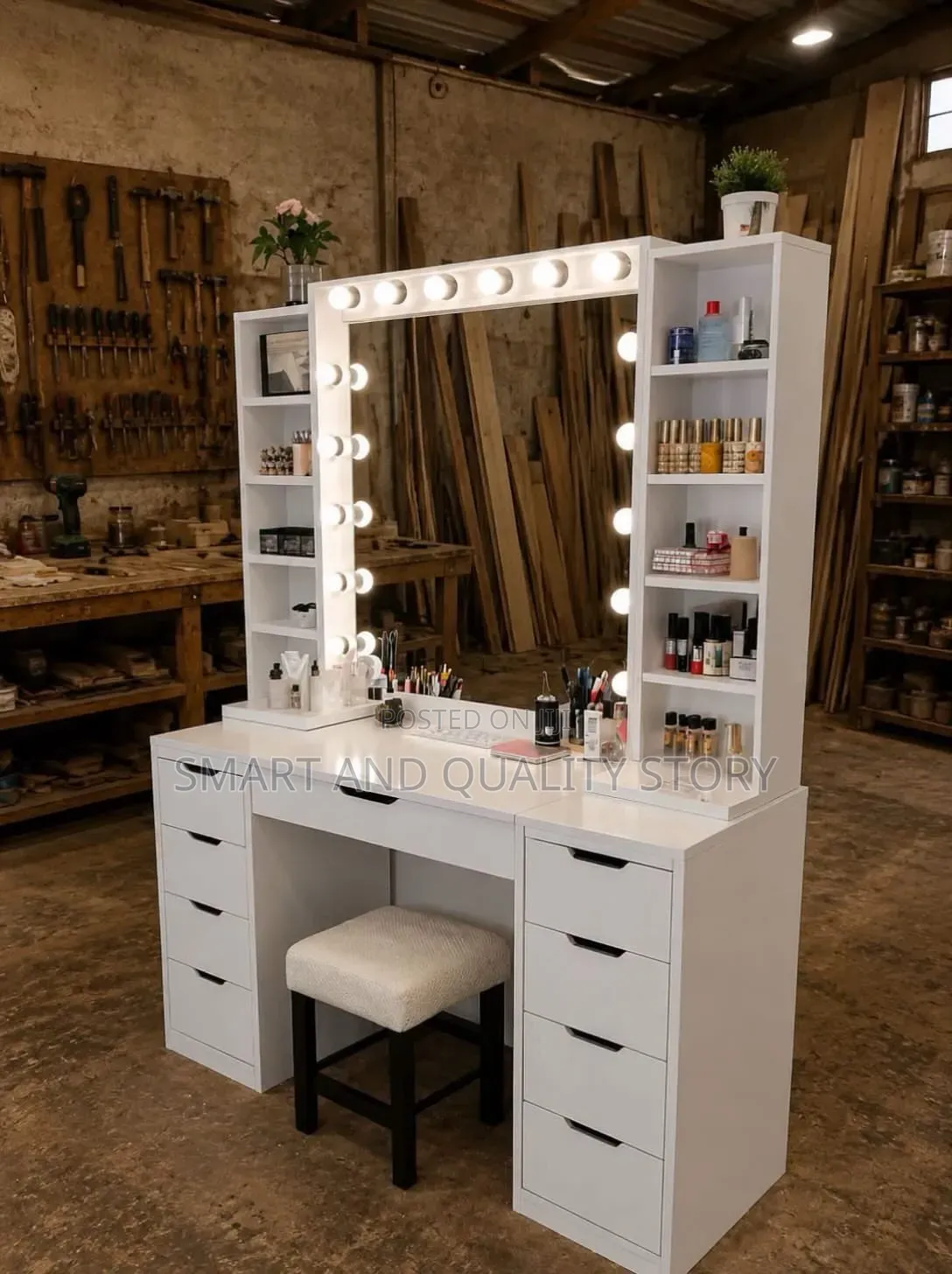 Dressing Mirror White Color With Light White and Stool