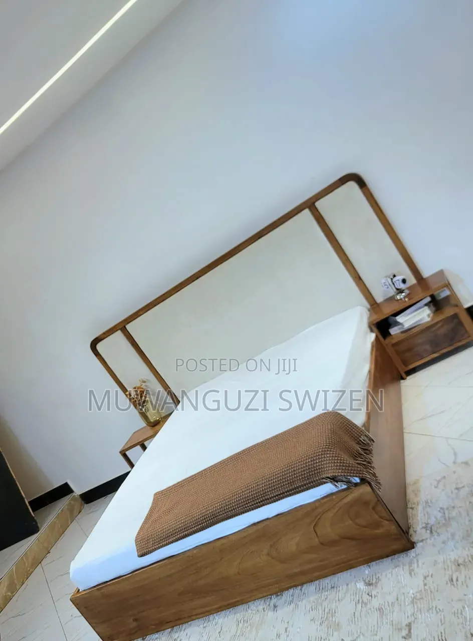 5 by 6 Tufted Extended Headboard With Wooden Pannels and Side Drawers