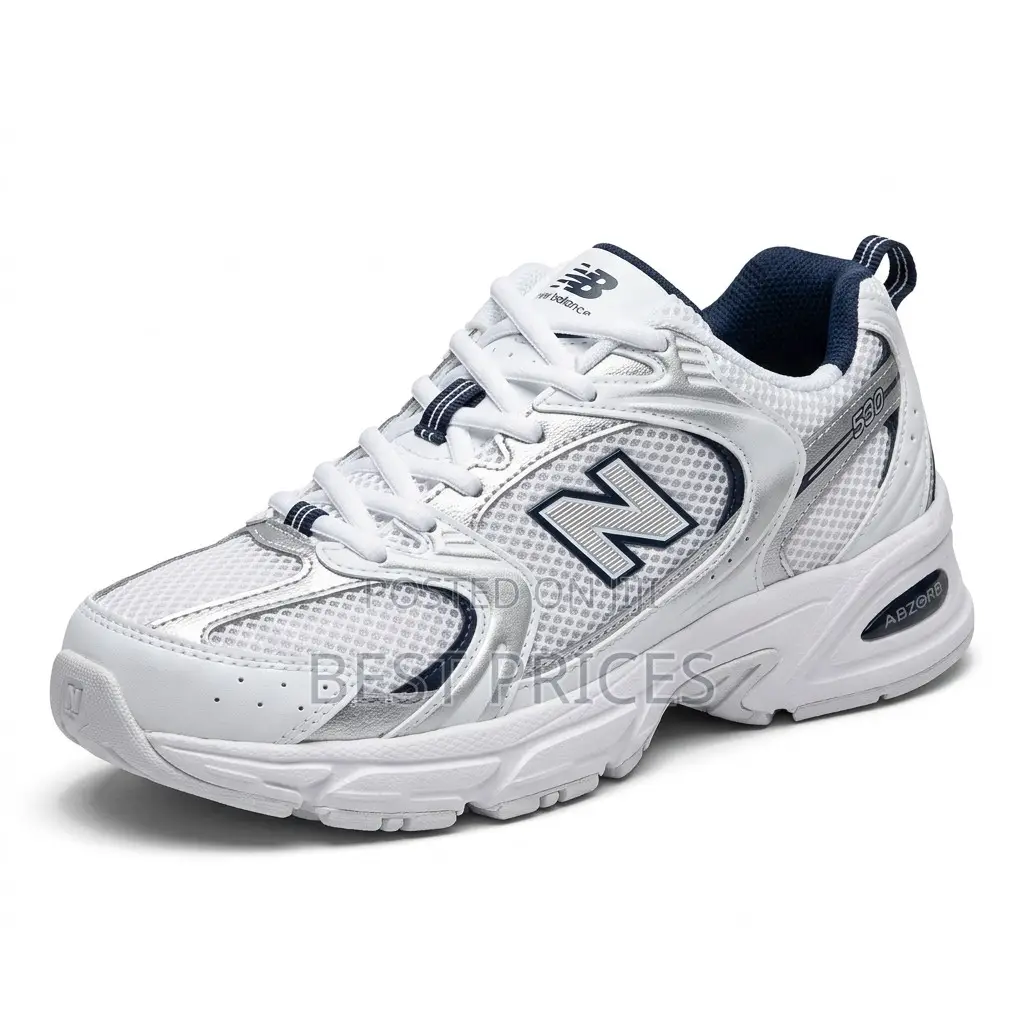 White & Silver Mesh Sneakers – Navy Trim