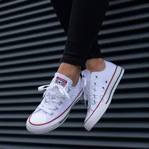White Low-Top Sneakers – Red & Dark Stripe