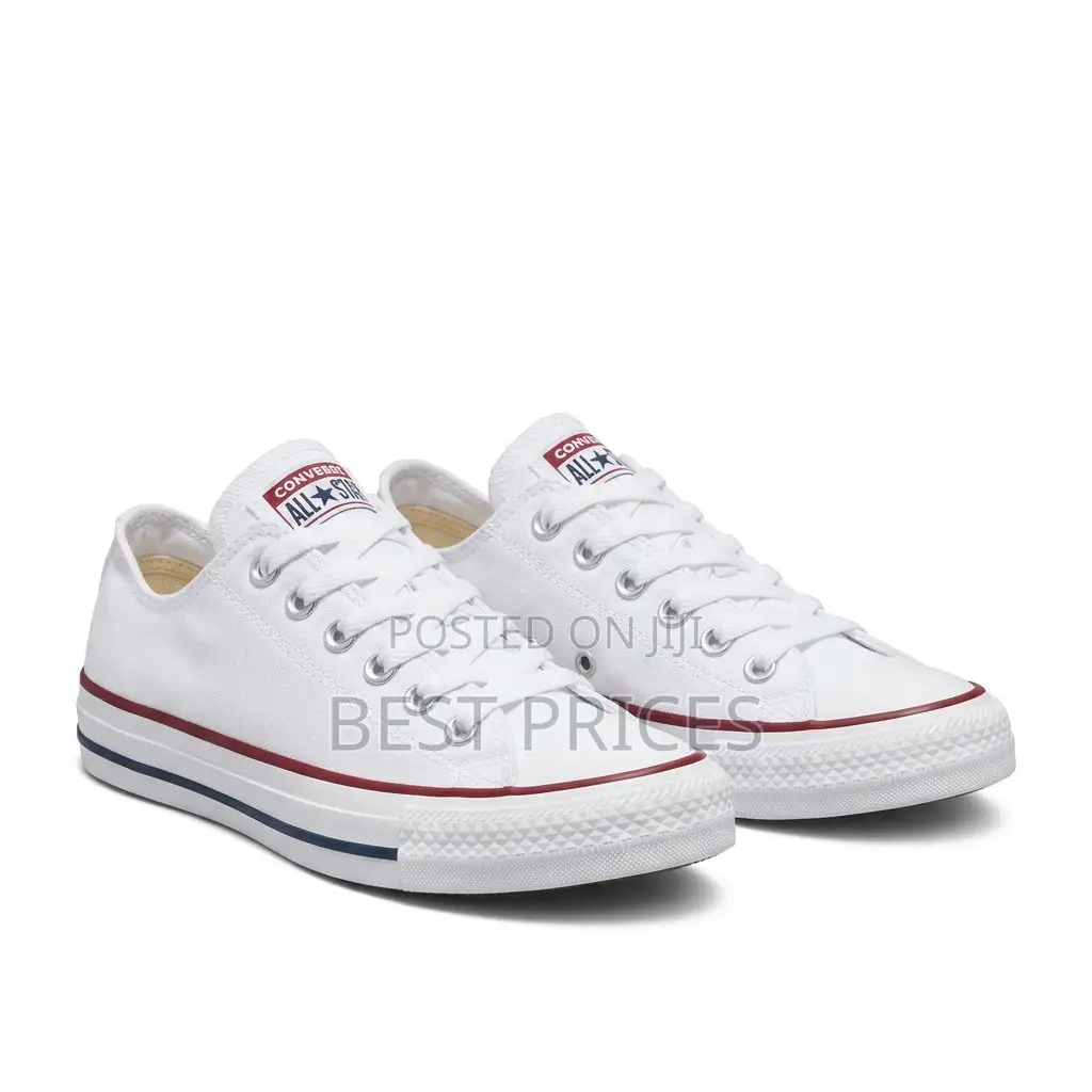 White Low-Top Sneakers – Red & Dark Stripe