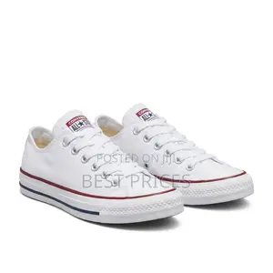 White Low-Top Sneakers – Red & Dark Stripe