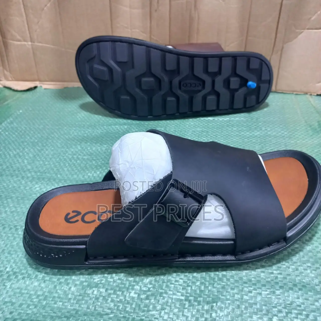 Ecco Men's Cross-Strap Buckle Leather Slide Sandals
