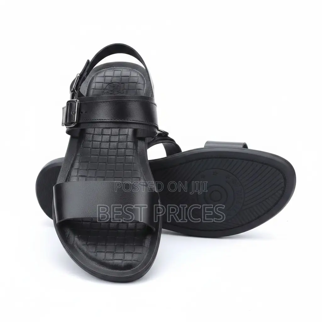 Men's Black Leather Open-Toe Buckle Sandals