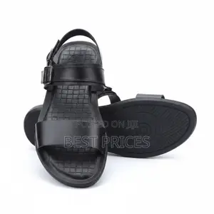 Men's Black Leather Open-Toe Buckle Sandals