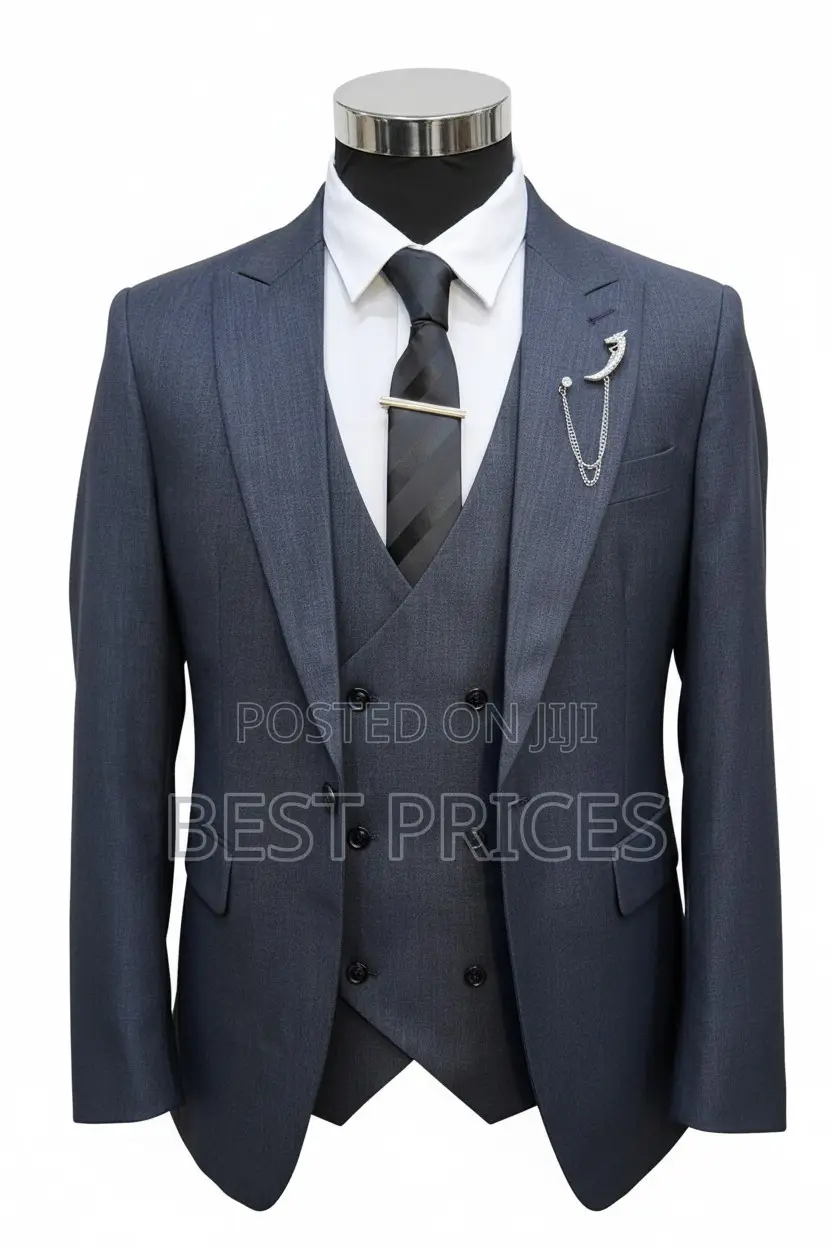 Men's 3-Piece Suit Set – Navy Blue Blazer, Charcoal Vest & Accessories