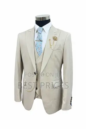 Men's 3-Piece Suit Set – Cream Beige Blazer, Vest & Accessories