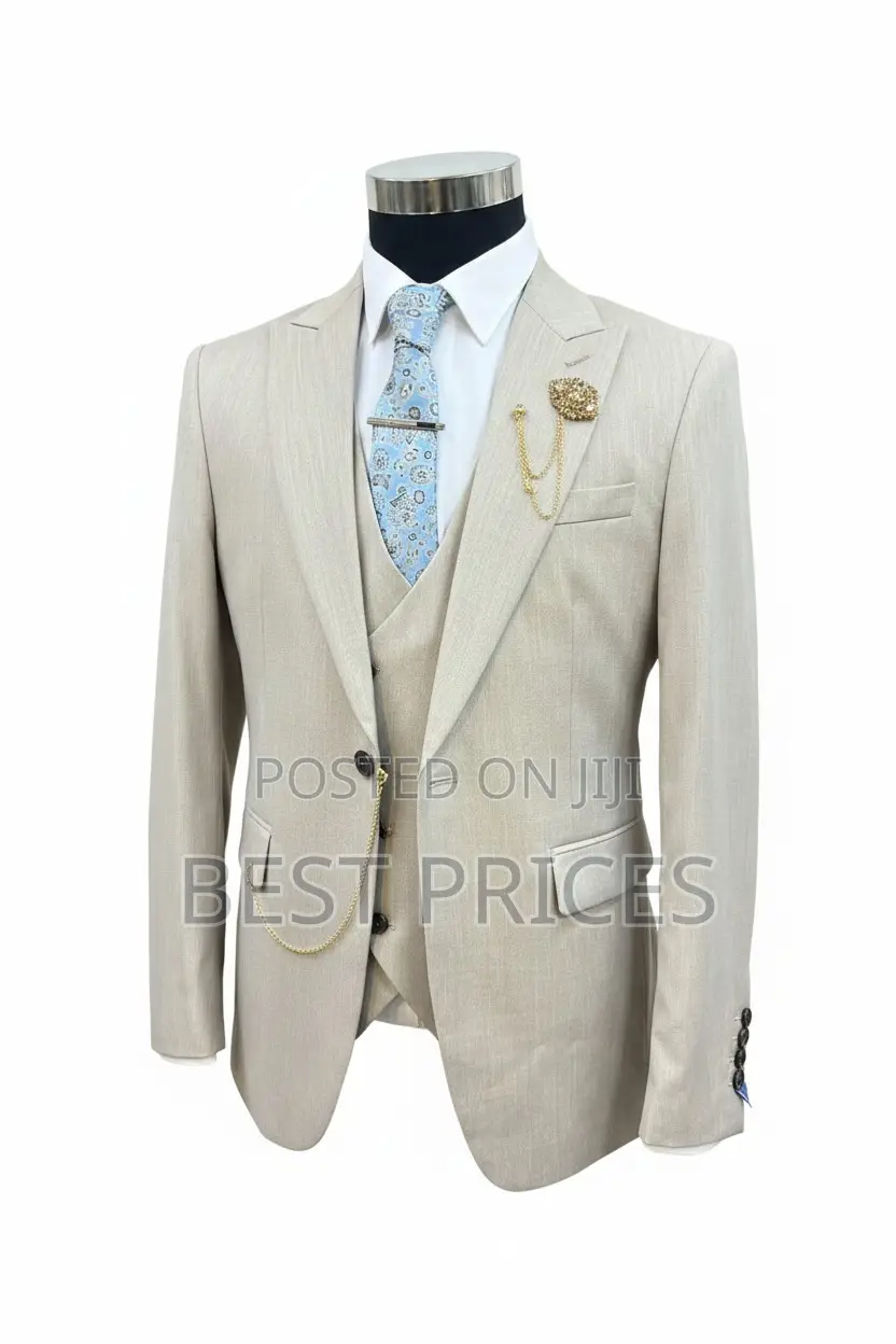 Men's 3-Piece Suit Set – Cream Beige Blazer, Vest & Accessories