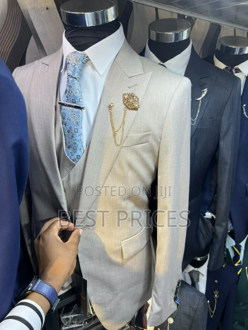 Men's 3-Piece Suit Set – Cream Beige Blazer, Vest & Accessories