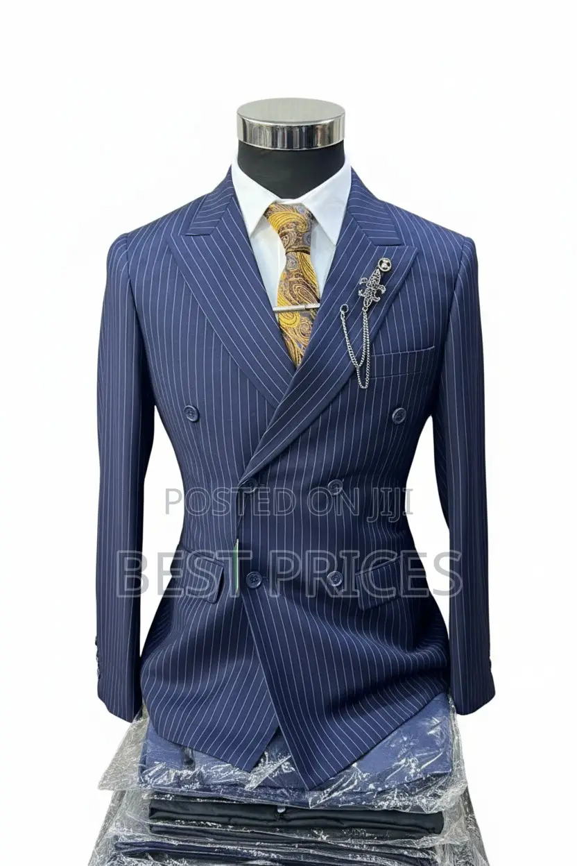 Men's Navy Blue Pinstripe Double-Breasted Suit Set