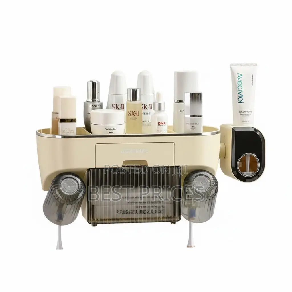 Wall-Mounted Bathroom Organizer with Toothbrush Holder & Cosmetics