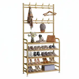 Gold 4-Tier Shoe Rack with Coat & Bag Hooks