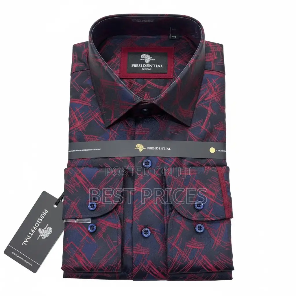 Presidential Men's Dress Shirt – Navy Red Abstract