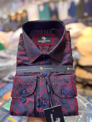 Presidential Men's Dress Shirt – Navy Red Abstract