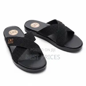 Black Textured Crossband Slide Sandals with Rose Gold Detail