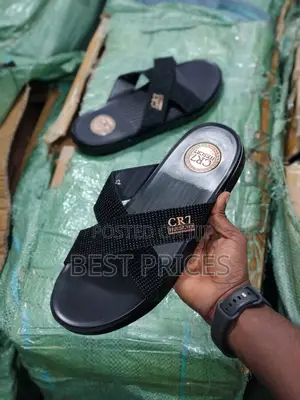 Black Textured Crossband Slide Sandals with Rose Gold Detail