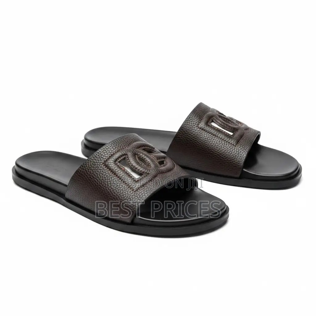 Dark Brown Pebbled Leather Logo Embossed Slide Sandals