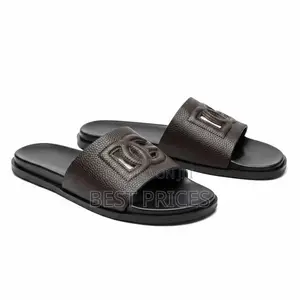 Dark Brown Pebbled Leather Logo Embossed Slide Sandals