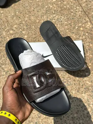 Dark Brown Pebbled Leather Logo Embossed Slide Sandals