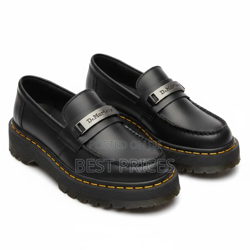Black Leather Platform Penny Loafer with Yellow Welt Stitching