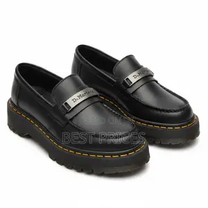 Black Leather Platform Penny Loafer with Yellow Welt Stitching