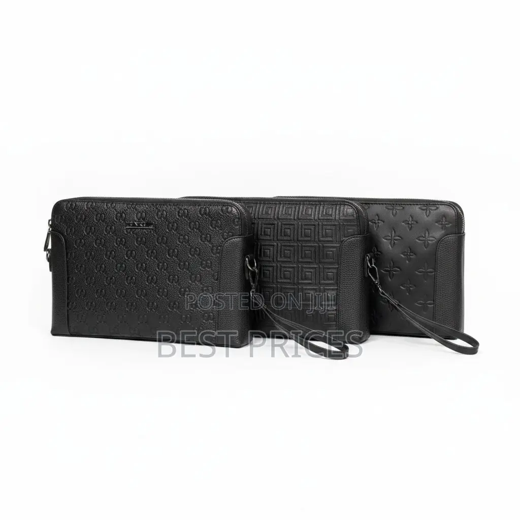 Men's Embossed Leather Clutch Wristlet Bag – Black