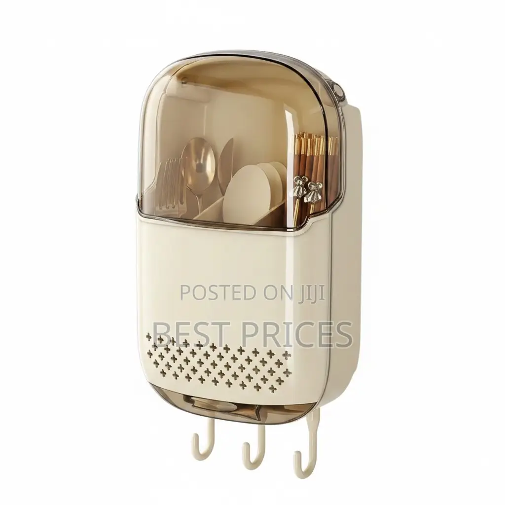 Wall-Mounted Cutlery & Utensil Organiser with Flip Lid & Hooks — Cream