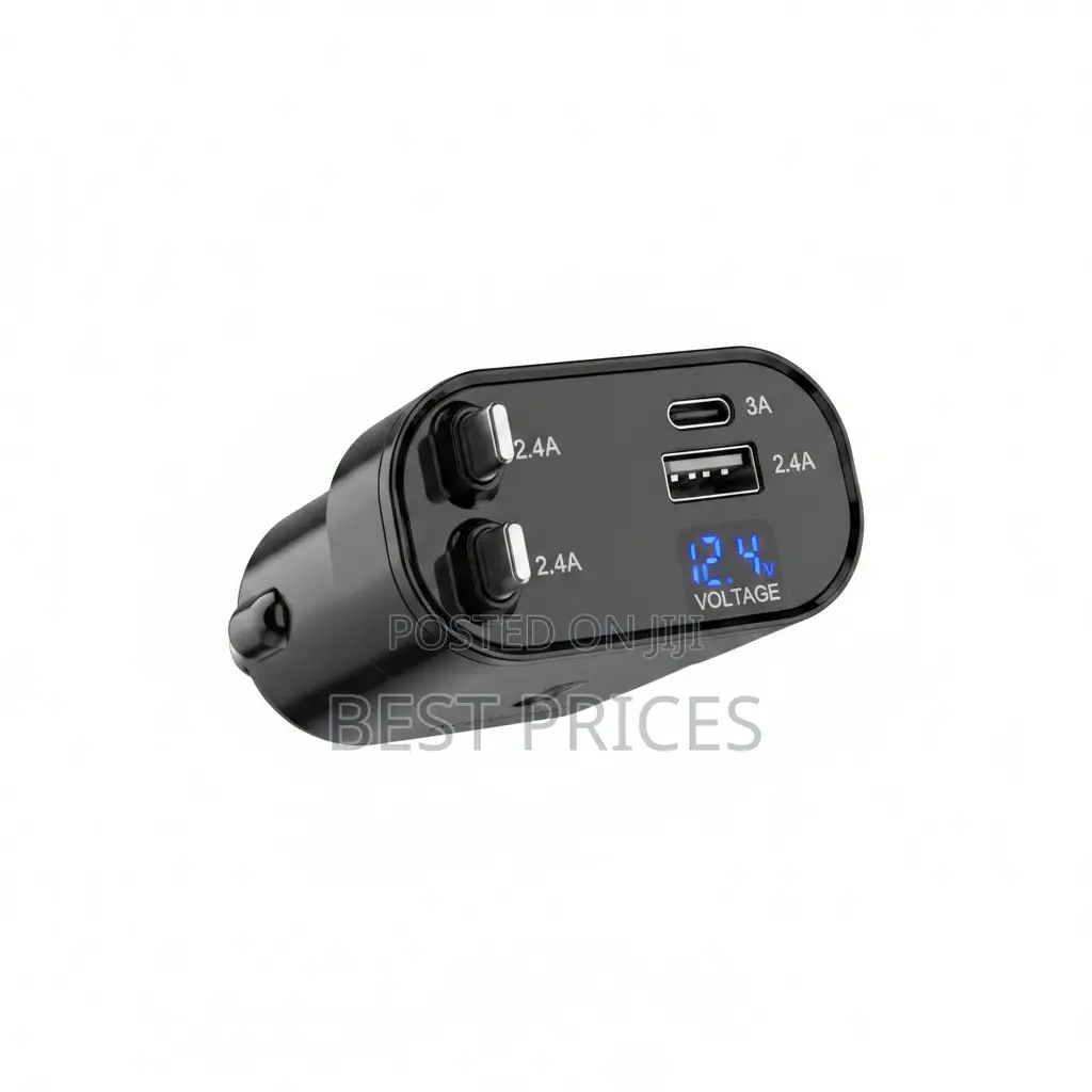 Multi-Port Car Charger | USB-C 3A + Dual USB 2.4A | Voltage Display