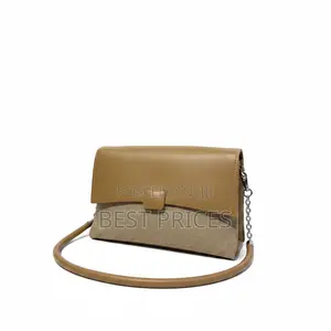 Camel Leather Flap Crossbody Bag | Soft PU Leather | Tweed Panel