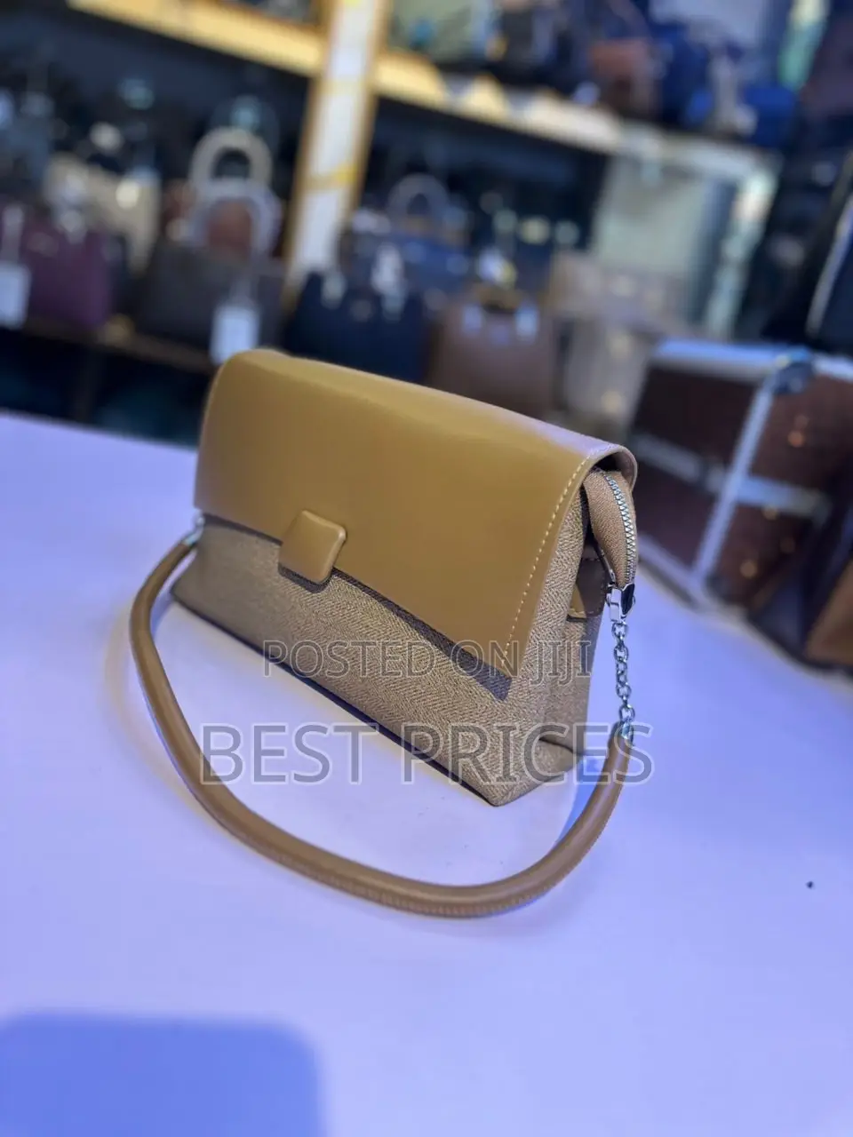 Camel Leather Flap Crossbody Bag | Soft PU Leather | Tweed Panel