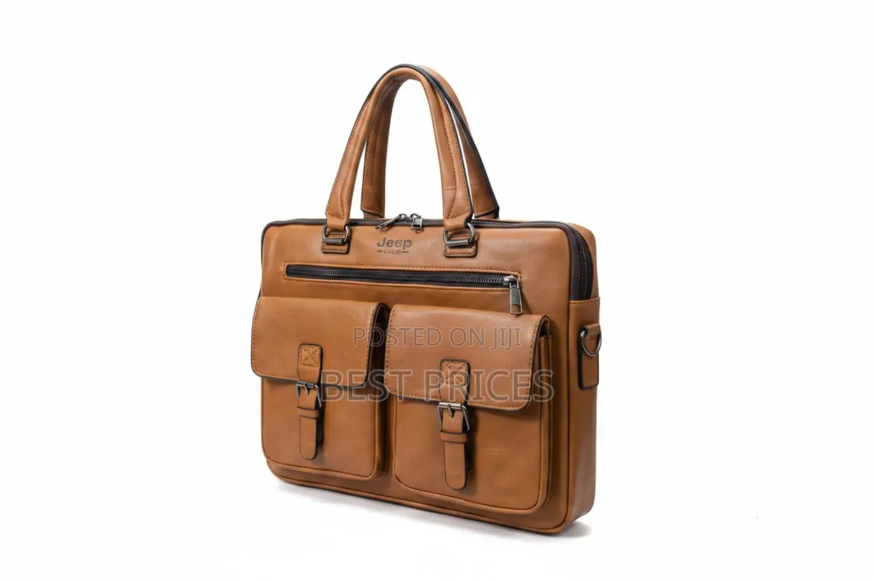 Jeep Brand Men's Tan Leather Briefcase Bag with Square Pockets