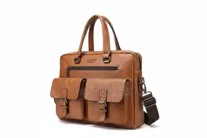Men's Tan Leather Laptop Briefcase Bag with Dual Front Pockets