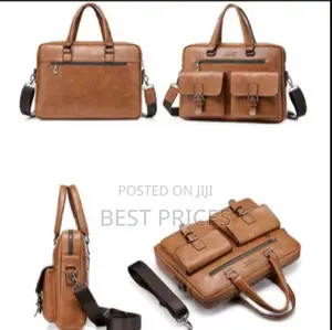 Men's Tan Leather Laptop Briefcase Bag with Dual Front Pockets