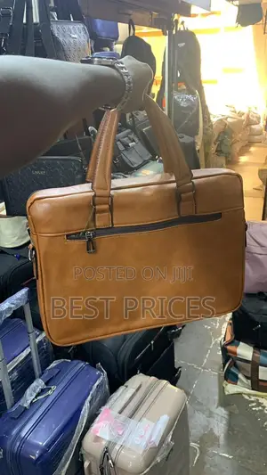 Men's Tan Leather Laptop Briefcase Bag with Dual Front Pockets