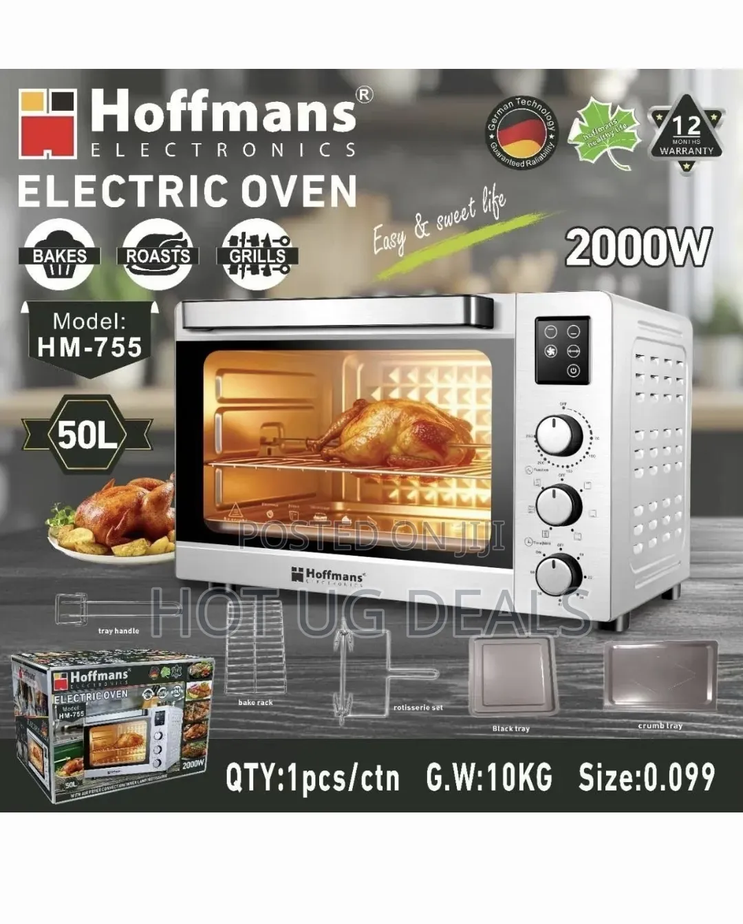 Hoffmans 50L Electric Oven 2000W Countertop Oven With Rotisserie