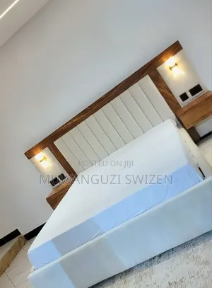 Six by Six Off White Wooden Bed With Bed Lights and Side Drawers