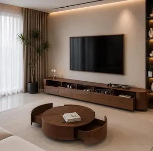 Wooden TV Stand and Center Tables With Storage and Sliding Drowers BRN